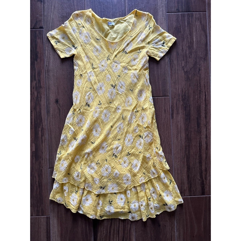 Nina Murati Italy‎ Yellow Floral Daisy Tiered Ruffle Midi Dress Women Small